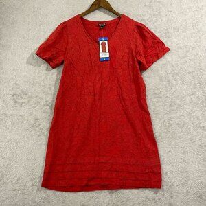 NEW  Nicole Miller Women's L Red Floral Textured Linen Blend V-Neck  Dress